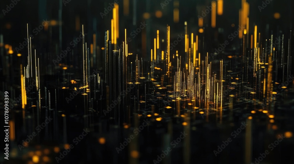 Poster abstract visualization of digital data represented by glowing golden lines and points, illustrating 