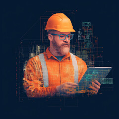 Construction Worker with Tablet and Digital Overlay: A construction worker in an orange hard hat and safety vest uses a tablet, surrounded by a futuristic digital overlay.
