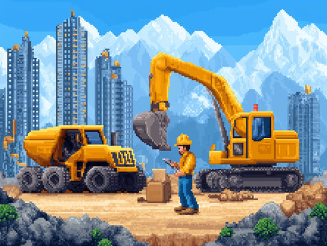 Pixel Art Construction Site: A vibrant pixel art illustration of a construction site nestled amidst towering skyscrapers and majestic mountains.