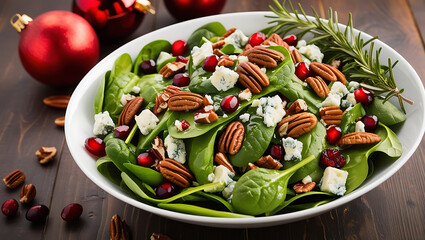 A bowl of spinach salad with pomegranate seeds, pecans, and blue cheese, garnished with rosemary sprigs and red Christmas ornaments in the background.