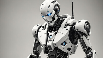 A robotic figure stands against a gray background, its white and black metallic body exuding a futuristic aesthetic