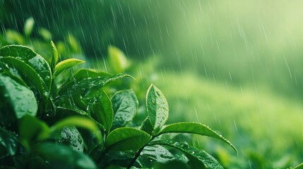 Vibrant Tea Leaves in Soft Rain