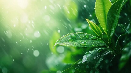 Fresh Tea Leaves Glimmering in Gentle Rain