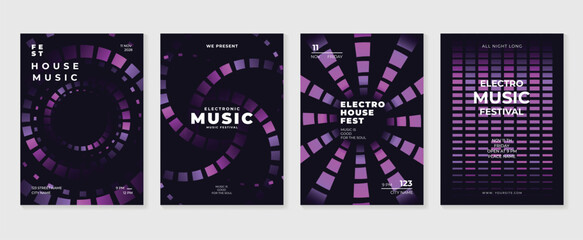 Music poster design background vector set. Electro Sound Cover template with vibrant abstract gradient geometric shape and line wave. Ideal design for social media, flyer, party, music festival, club.
