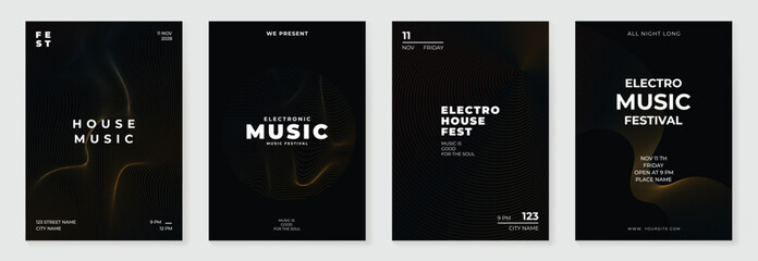 Music poster design background vector set. Electro Sound Cover template with vibrant abstract gradient geometric shape and line wave. Ideal design for social media, flyer, party, music festival, club.