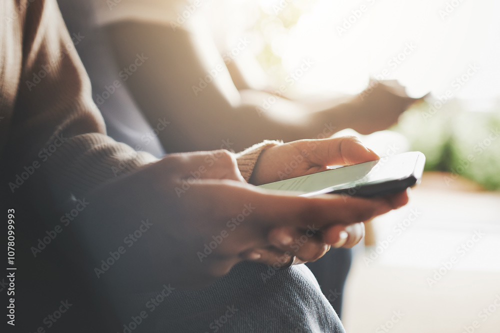 Aufkleber hands, phone and social media with people in living room of home for communication or search closeup