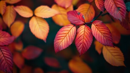 Close-up of vibrant autumn leaves in shades of red, orange, and yellow. 