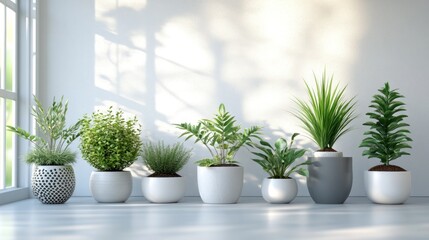 Fototapeta premium A row of potted plants with different types of greenery in white and grey pots on a white floor with a window and sunlight shining in from the left side.