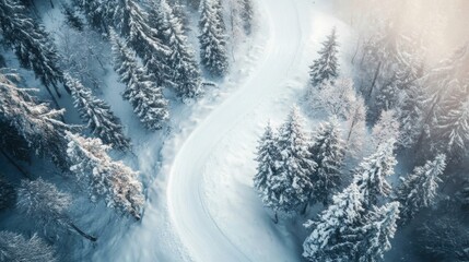 Top view of a winding forest trail almost buried in fresh snow.