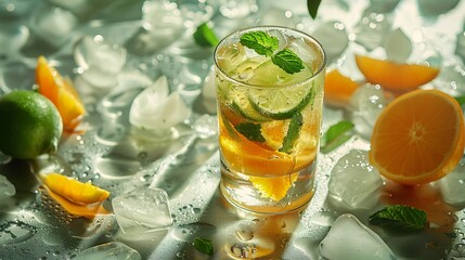 On a silver backdrop an icy lime chilled tea with mint buds an orange chunks and icebergs