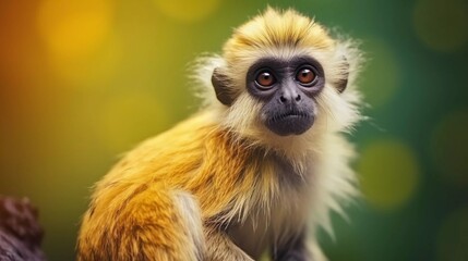 Fototapeta premium A close-up of a monkey with striking golden fur and expressive eyes against a blurred background.