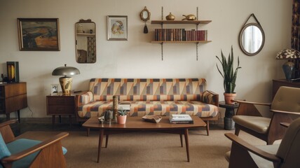 Mid-Century Modern Living Room with Geometric Accents and Bold Colors