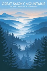 Fototapeta premium Vintage Travel Poster of the Great Smoky Mountains: Serene Blue Tones Illustrate the Majestic Landscape of North Carolina & Tennessee