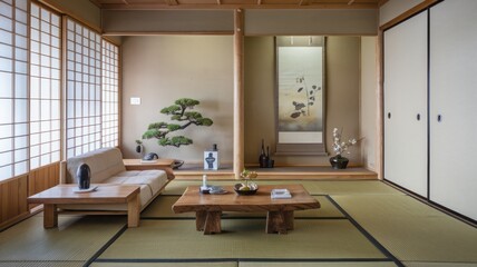 Minimalist Japanese-Inspired Living Room with Tatami Flooring and Bonsai Decor