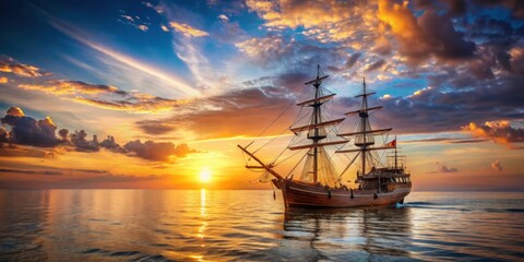 Obraz premium Old wooden ship sailing on the sea during a beautiful sunset, ship, ocean, vintage, antique, wooden, water, travel, adventure
