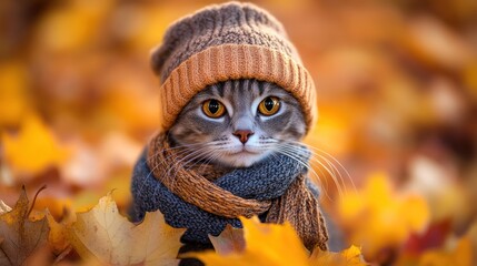 Obraz premium A cute cat wearing a knitted hat and scarf, sitting amongst autumn leaves.