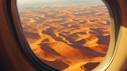 Fototapeta premium Looking down from a plane window at a vast desert landscape with sand dunes.