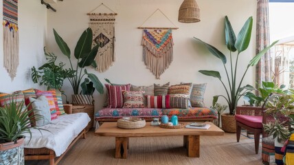Bohemian-Inspired Living Room with Macramé Decor and Lush Greenery