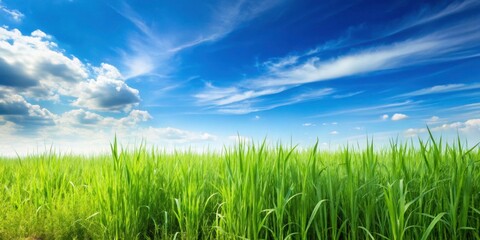 Fototapeta premium Natural landscape view of green long grass plant with the blue sky, grass, plant, nature, green, landscape, natural, wild, field