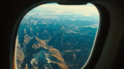 Fototapeta premium Looking down from an airplane window at beautiful mountain peaks and valleys.