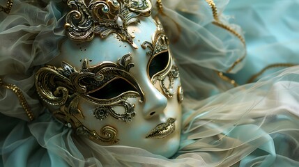 On an aqua the background an antique gold masquerade headpiece