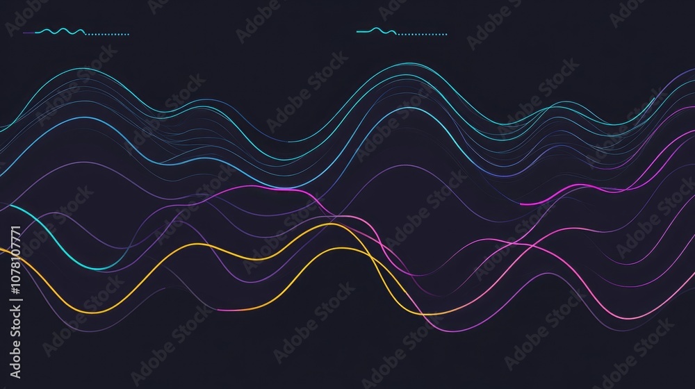Poster colorful wave patterns on a dark background representing sound frequencies and modern design element
