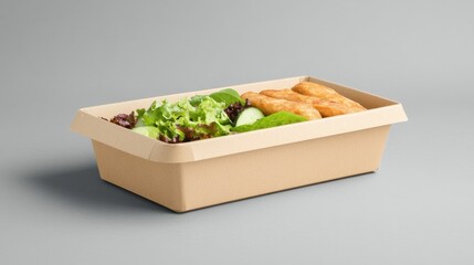 A clean food box mockup displays fresh salad and crispy snacks in gentle lighting