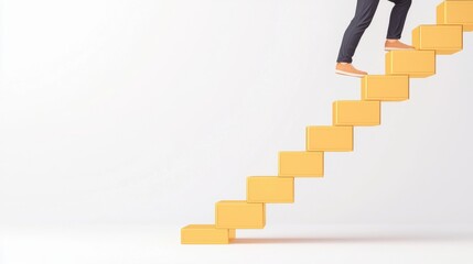 A person ascending a bright yellow staircase, symbolizing progress and growth in a minimalist setting.