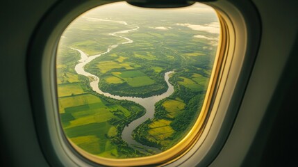 Fototapeta premium Scenic view of green fields and winding rivers from an airplane window.