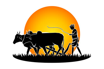 Vector illustration of farmer ploughing with bullocks on transparent background