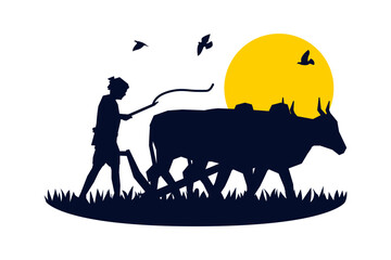 Vector illustration of farmer ploughing with bullocks on transparent background