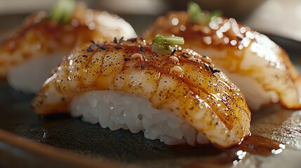 Close-up of salmon nigiri sushi with black sesame seeds and wasabi on a brown plate.