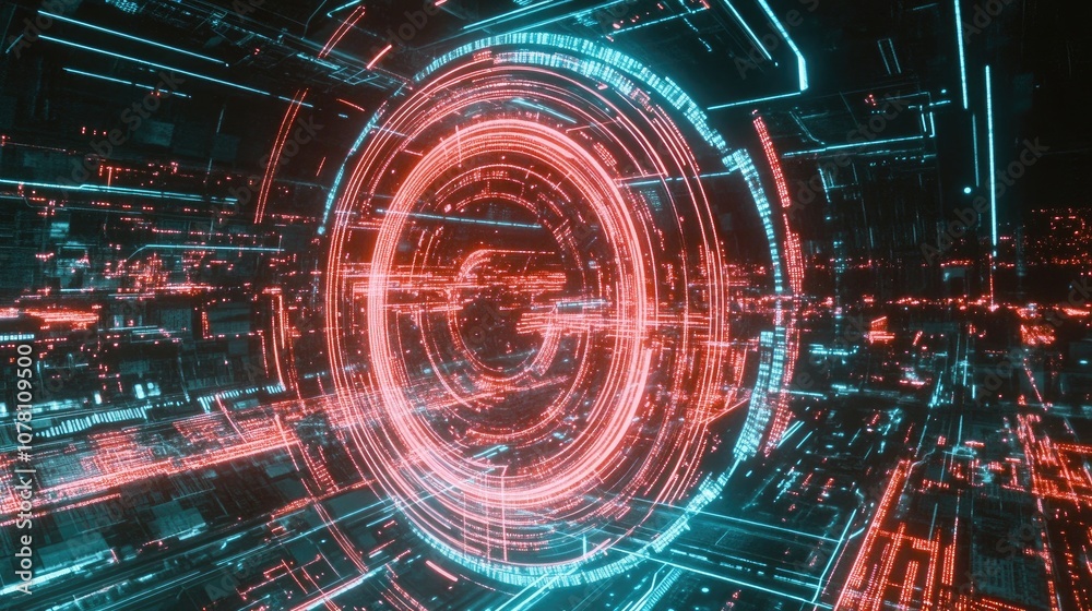 Poster futuristic digital abstract design with neon blue and red circles featuring high-tech lines and geom