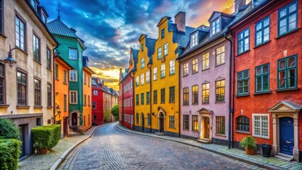 Colorful houses lining a charming street in Stockholm's historic district, Stockholm, Sweden, Gamla...