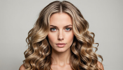 Naklejka premium A woman with long, wavy, light brown hair is looking directly at the camera