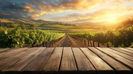 A picturesque vineyard landscape at sunset, showcasing rows of grapevines and a wooden table.