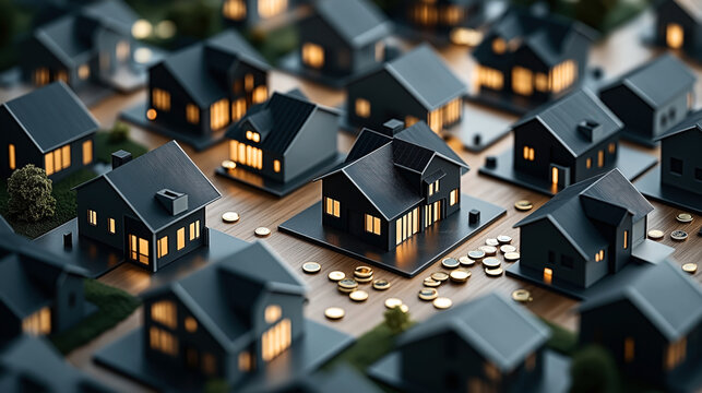Miniature model houses with illuminated windows on a board with scattered coins, representing real estate investment concept.