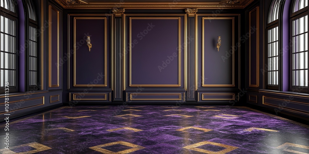 Poster empty room with purple walls and a marble floor in a classic design with gold trim.