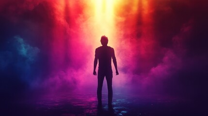 A lone figure stands in a smoky, colorful environment, illuminated by a bright light.