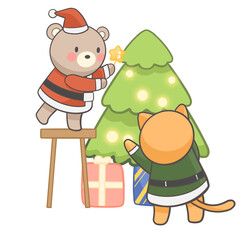 a cartoon bear and cat decorating a christmas tree