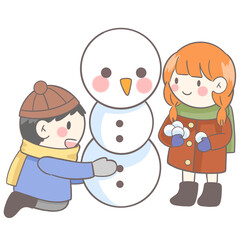 Fototapeta premium Cartoon boy and girl wearing hats and scarves are helping to make a snowman