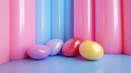 Four colorful glossy eggs in front of a pink and blue striped background.