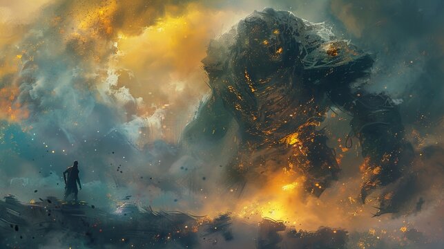 Giant Monster and Small Figure in a Dramatic Sky - Fantasy Art