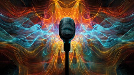 A stylized microphone centered on an abstract, colorful background with dynamic sound waves pulsing outward, capturing the vibrant energy of modern audio and podcast design.