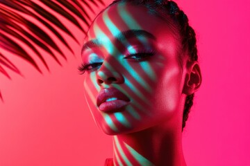 Model posing with creative lighting and palm leaf shadow on pink background