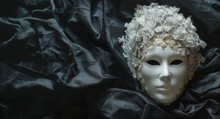 A traditional Venetian carnival mask in white and gold rests elegantly on dark satin fabric, showcasing intricate lace details and soft lighting