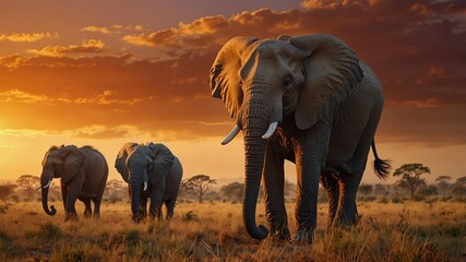 Obraz premium A family of elephants walking across a vibrant sunset-lit savannah. Created with Generative AI Technology