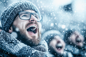 Passionate ice hockey fans cheering in winter snowstorm scene