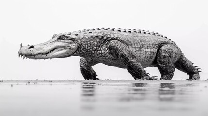 A black-and-white image of a crocodile walking on a wet surface, highlighting its texture and form.