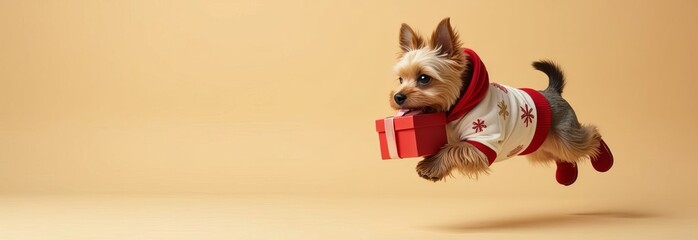A puffing Yorkshire Terrier dog in clothes and shoes for pets holds a packing party box in its teeth on a light beige background